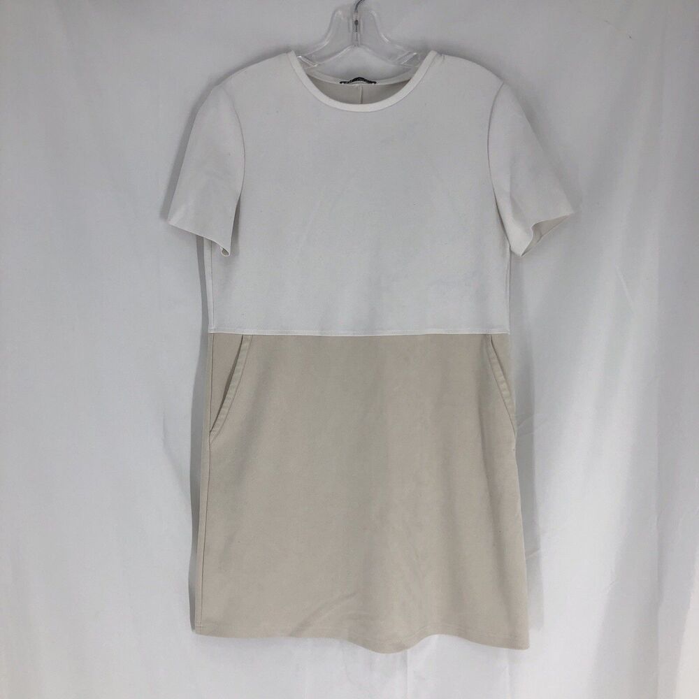 Zara White Beige Colorblock T Shirt Shift Dress Size Small